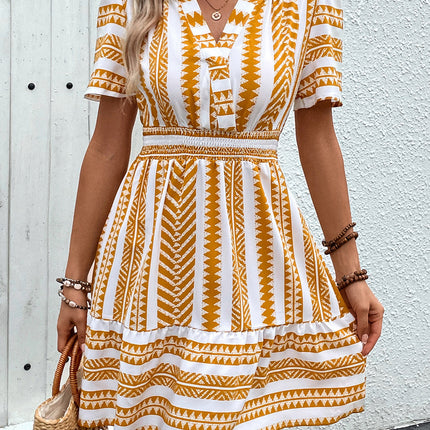 Geometric Notched Short Sleeve Mini Dress