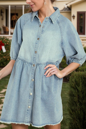 Raw Hem Snap Down Half Sleeve Denim Dress