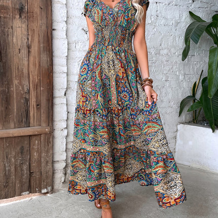 Smocked Printed Cap Sleeve Midi Dress