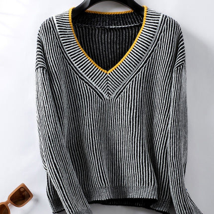 Striped V-Neck Long Sleeve Sweater