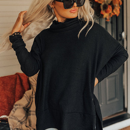 Side Slit High-Low Cowl Neck Long Sleeve Blouse