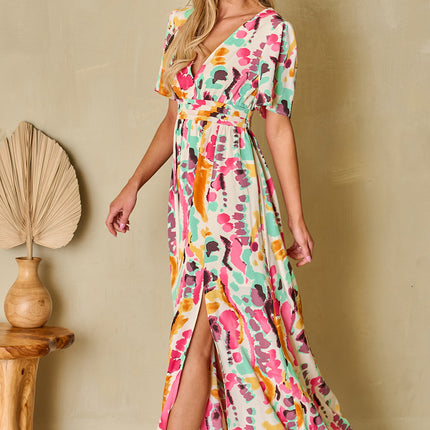 Slit Printed Surplice Short Sleeve Maxi Dress