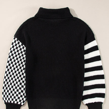 Striped & Checkered Turtleneck Dropped Shoulder Sweater