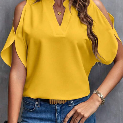 Notched Cold Shoulder Half Sleeve Blouse