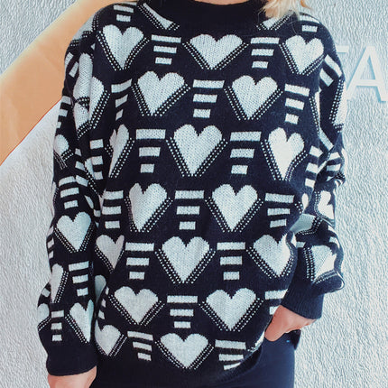 Heart Contrast Long Sleeve Dropped Shoulder Sweater