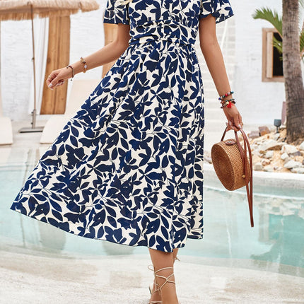 Printed Surplice Short Sleeve Midi Dress