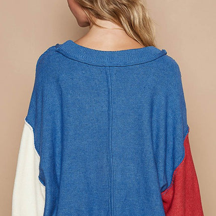 POL Exposed Seam Contrast V-Neck Lantern Sleeve Sweater