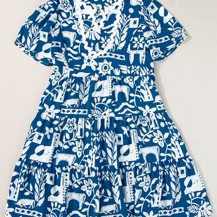 Printed Notched Short Sleeve Mini Dress