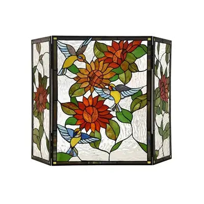 Pantalla para chimenea floral plegable estilo Tiffany de 3 piezas SUNFLOWER