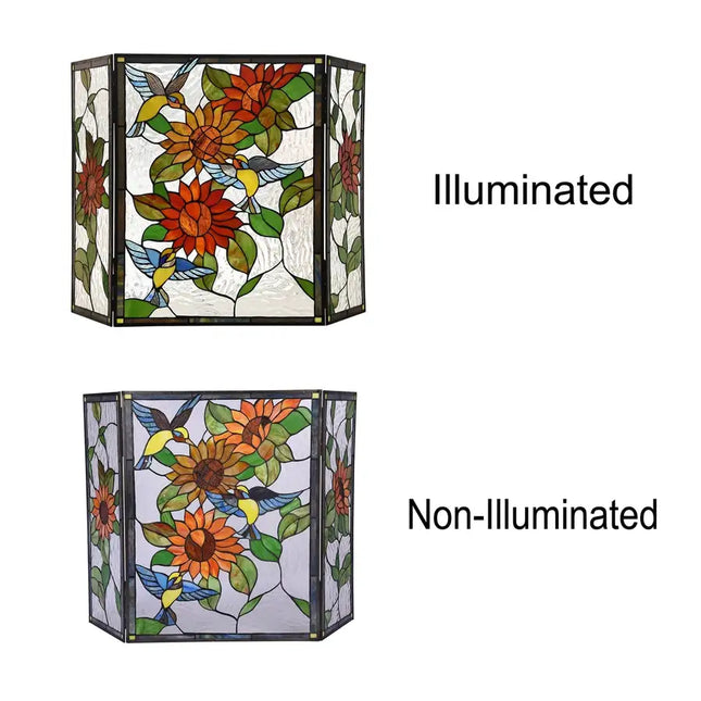 Pantalla para chimenea floral plegable estilo Tiffany de 3 piezas SUNFLOWER