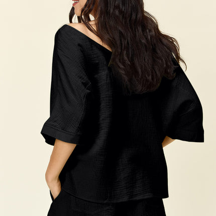 Double Take Texture Half Sleeve T-Shirt and Drawstring Shorts Set - Vickie Lynn's