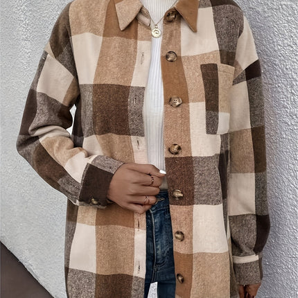 Curved Hem Plaid Collared Neck Shacket