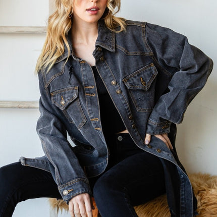 Veveret Button Up Distressed Frayed Hem Denim Jacket