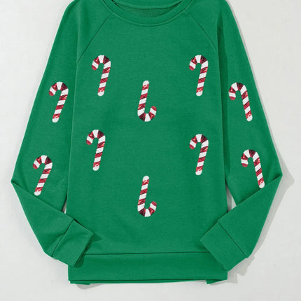 Candy Cane Round Neck Long Sleeve Sweatshirt - Vickie Lynn's