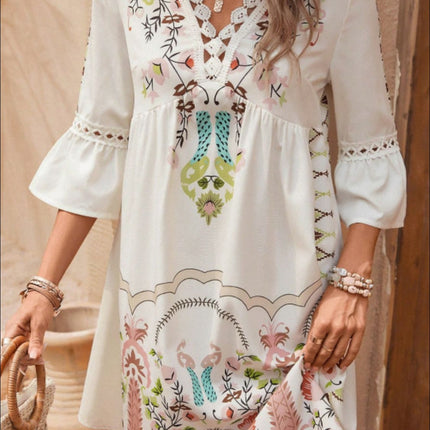 Lace Detail Printed Three-Quarter Sleeve Dress