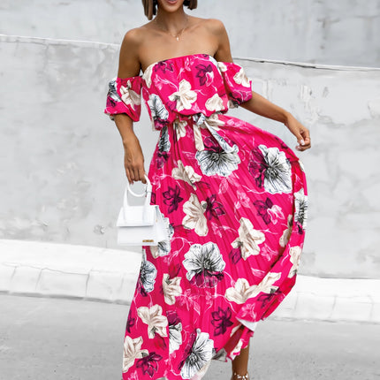Pleated Floral Off-Shoulder Short Sleeve Midi Dress