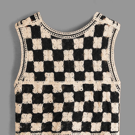 Crochet Checkered V-Neck Button Up Vest