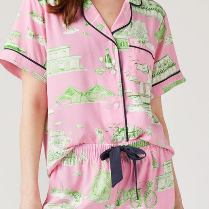 Collared Neck Printed Top and Drawstring Shorts Lounge Set