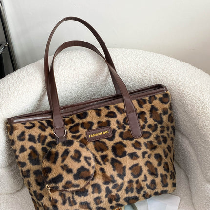 Leopard Faux Fur Tote Bag with Coin Purse