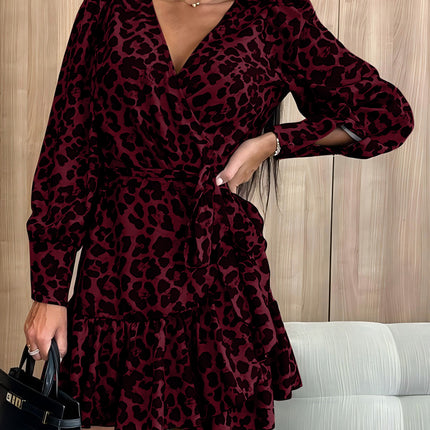 Tied Leopard Surplice Long Sleeve Dress