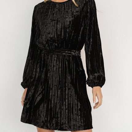 Velvet Round Neck Tie Waist Long Sleeve Mini Dress