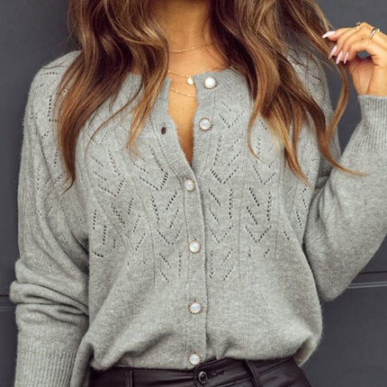Openwork Button Down Long Sleeve Cardigan - Vickie Lynn's