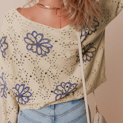 Openwork Round Neck Long Sleeve Knit Top