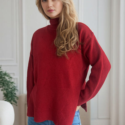 Side Slit Turtleneck Long Sleeve Sweater