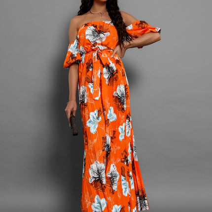 Pleated Floral Off-Shoulder Short Sleeve Midi Dress