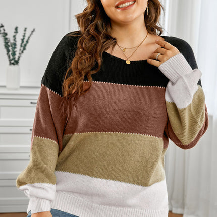 Plus Size Color Block Round Neck Sweater