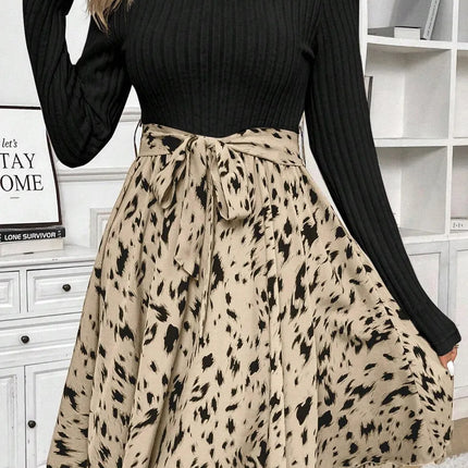 Tied Printed Mock Neck Long Sleeve Dress