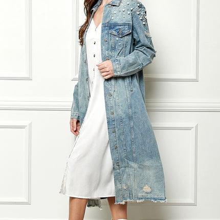 Veveret Full Size Distressed Raw Hem Pearl Detail Button Up Jacket