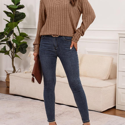 Ribbed V-Neck Long Sleeve T-Shirt