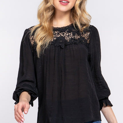 ACTIVE BASIC Crochet Lace Panel Flounce Sleeve Blouse