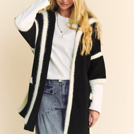 Davi & Dani Fuzzy Trim Open Front Loose Fit Cardigan