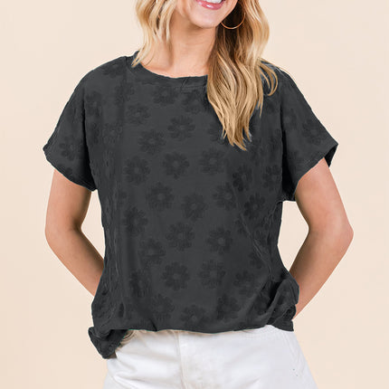 BOMBOM Textured Floral Pattern Short Sleeve T-Shirt