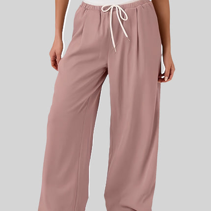 Contrast Waistband Drawstring Wide Leg Pants