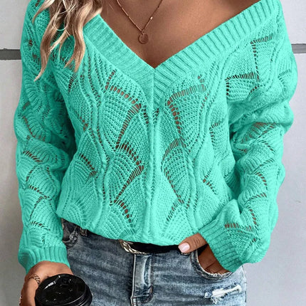 Openwork V-Neck Long Sleeve Sweater