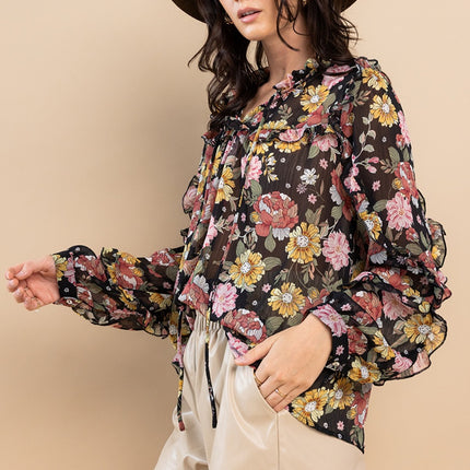 Ces Femme Ruffle Trim Long Sleeve Floral Blouse