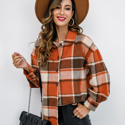 Shiny Plaid Button Up Collared Neck Jacket