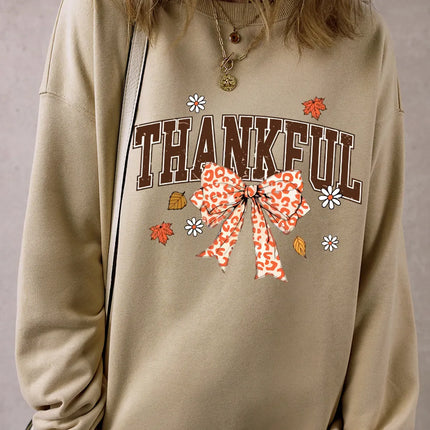 THANKFUL Bow Round Neck Long Sleeve Sweatshirt