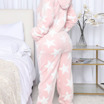 Printed Zip Up Long Sleeve Hooded Lounge Jumpsuit