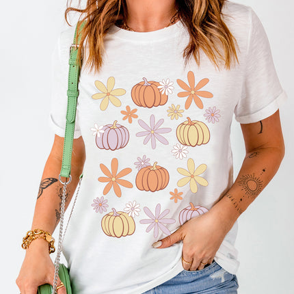 Pumpkin & Flower Round Neck Short Sleeve T-Shirt