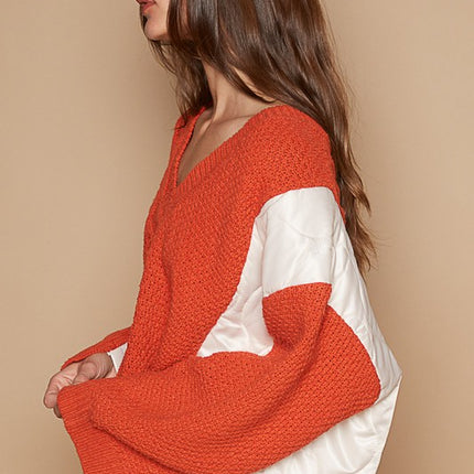 POL Cable Knit Quilting Patch V-Neck Contrast Sweater