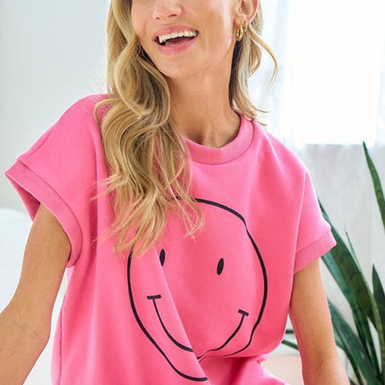 First Love Smile Face Drop Shoulder Brushed Inside T-Shirt