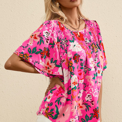 Smocked Printed Round Neck Half Sleeve Blouse