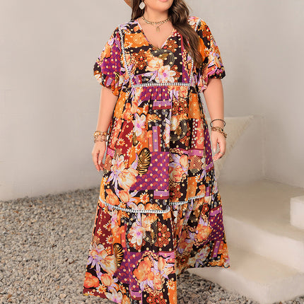 Plus Size Printed V-Neck Half Sleeve Maxi Dress