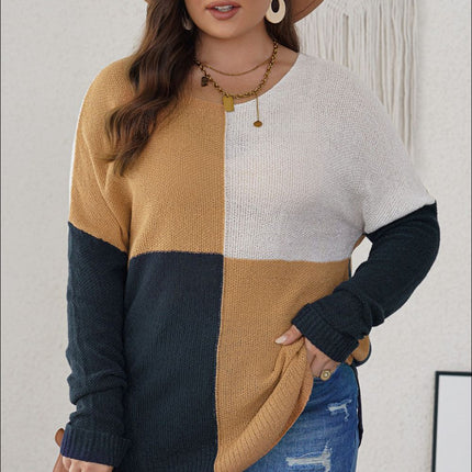 Plus Size Color Block Round Neck Sweater