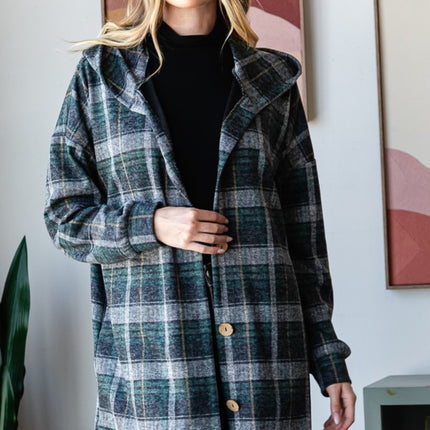 Heimish Plaid Button Down Long Sleeve Hooded Cardigan