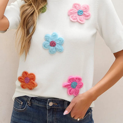 Flower Round Neck Short Sleeve Sweater